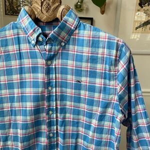 Vineyard Vines Plaid Button Down Dress Shirt Youth Blue Pink XL 18